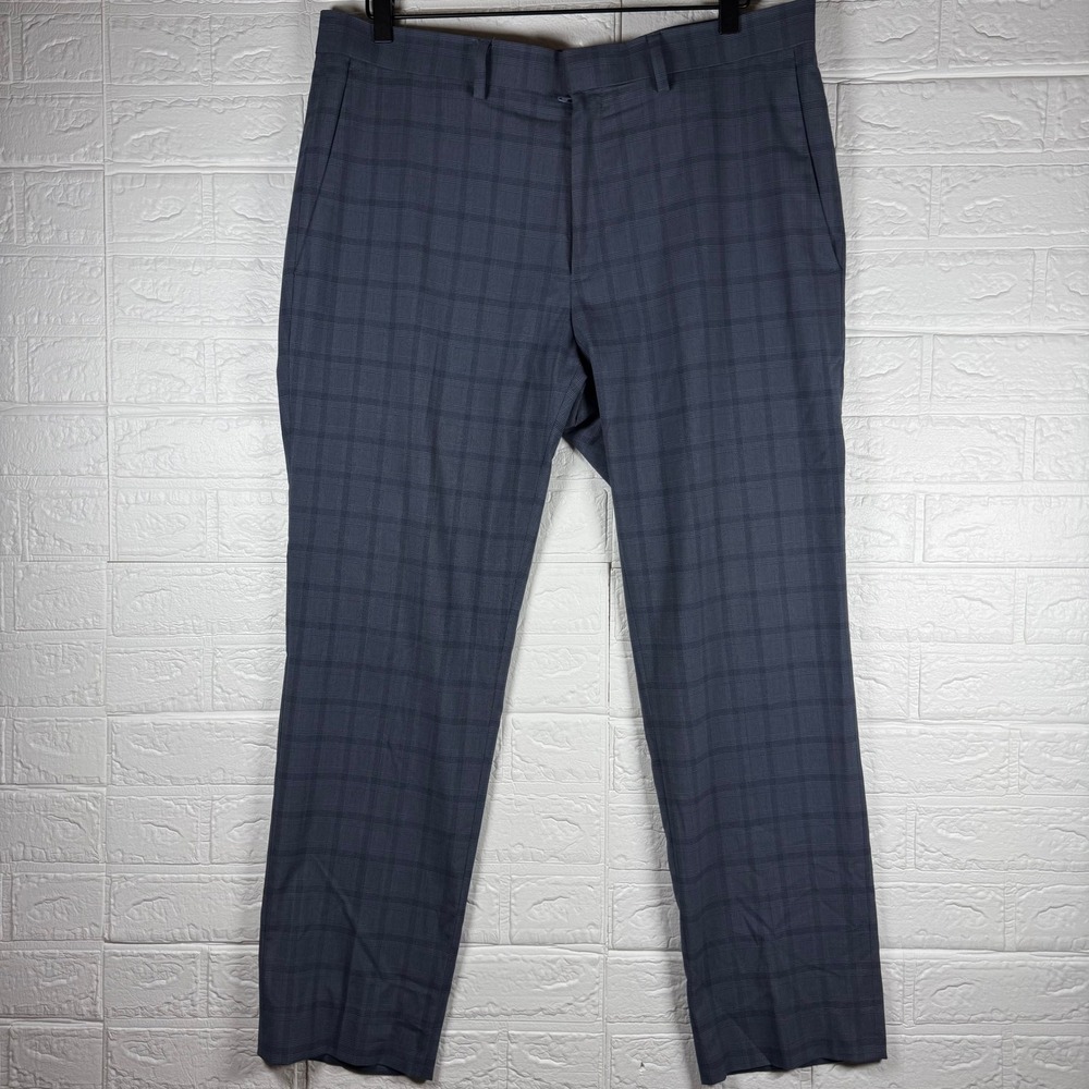 Kenneth Cole Reaction Dress Pants Mens 36x32 Blue Plaid Slim Fit Stretch Office